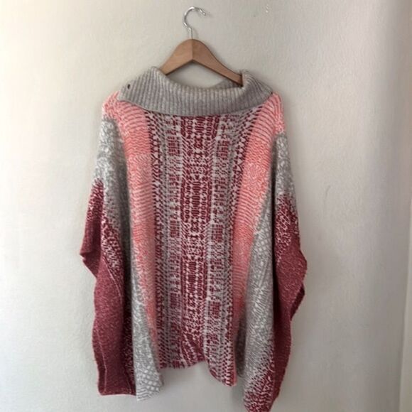 Caslon Jacquard Button Cowl Neck Sweater-Knit Poncho Red Salmon Gray Siz… - Picture 14 of 17